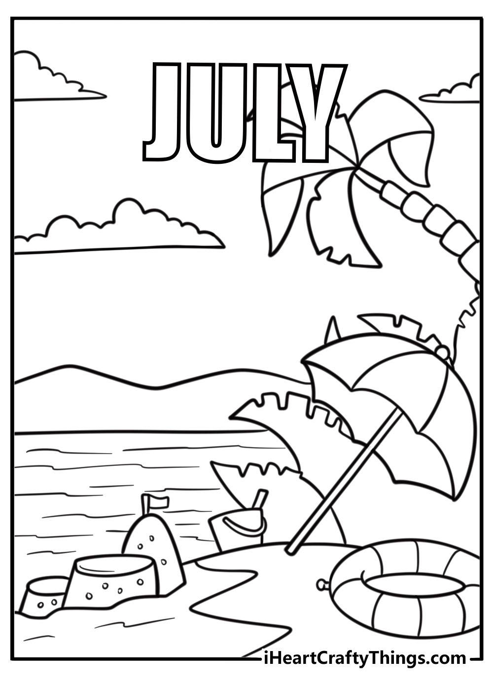 Beach scene with sandcastle and umbrella in July coloring page