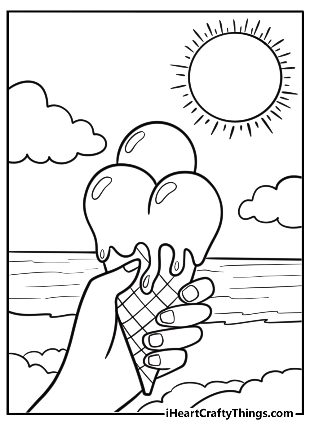 Ice cream cone melting in the summer heat coloring page